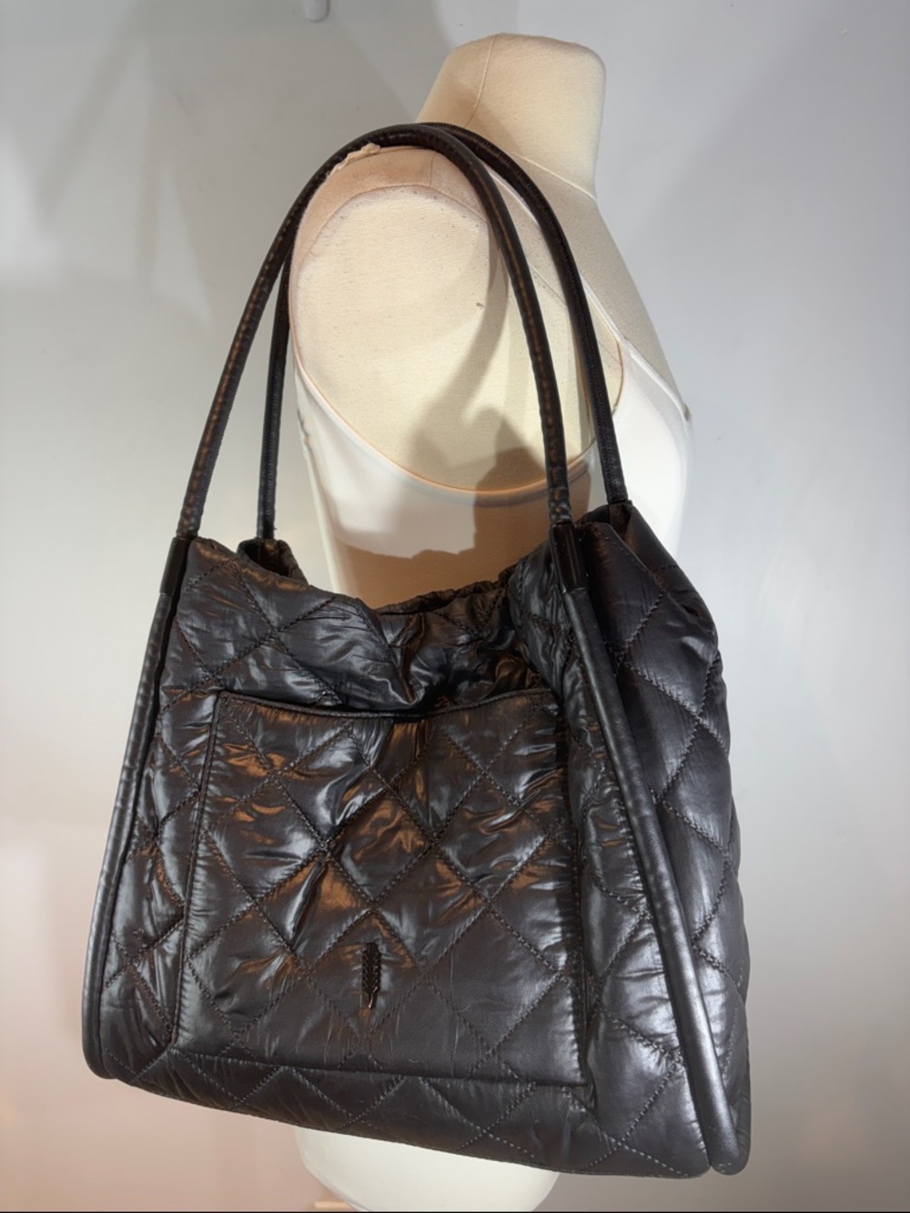 Thacker NYC Black Quilted Nylon Shoulder Bag | Lightweight Tote Purse